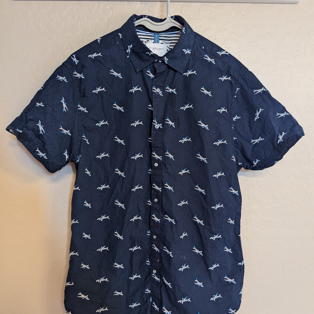 Denim and Flower Aviation Casual Button Down Shirt w/ Jets Mens Small - Picture 2 of 4